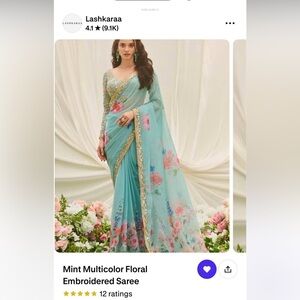 Mint Floral Embroidered Saree